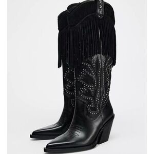 Zara Black Fringe Studded Western Boots